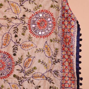 Blue Cream Pompom Phulkari Dupatta