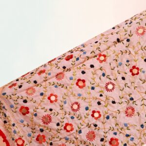 House of Kara Red Pompom Floral Pattern Phulkari Dupatta